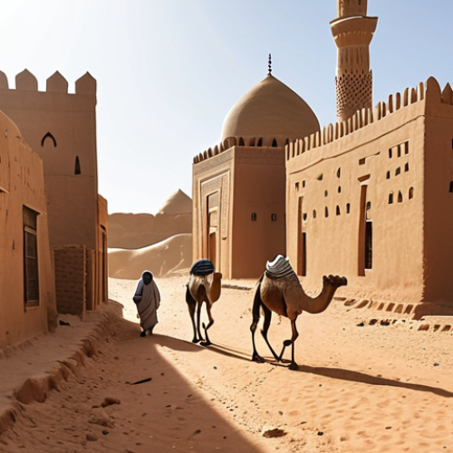 Home 4 ** Ancient Timbuktu cityscape with mud-brick buildings and the Djinguereber Mosque under a bright Saharan sun. Camels are walking in the streets.
**