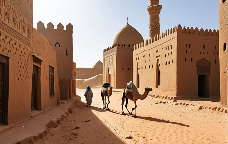 ** Ancient Timbuktu cityscape with mud-brick buildings and the Djinguereber Mosque under a bright Saharan sun. Camels are walking in the streets.
**