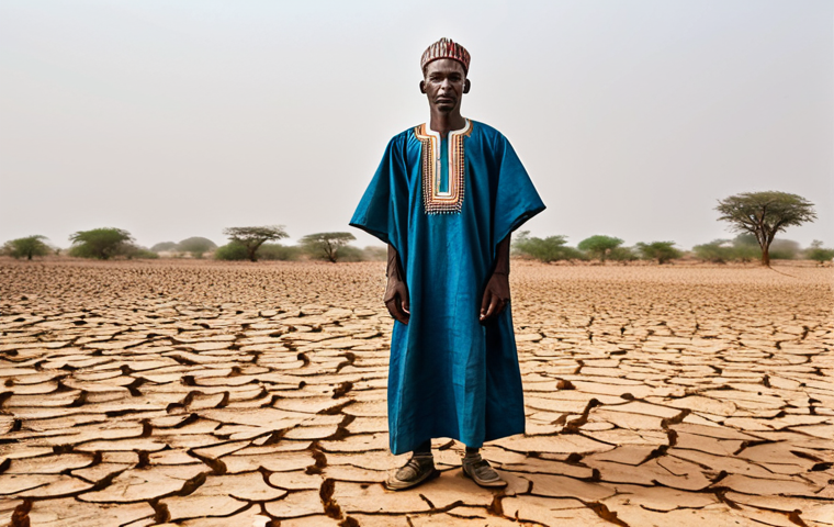 **

"A Malian farmer, fully clothed in traditional West African attire, standing in a dry, cracked field, looking towards a distant, encroaching sandstorm, appropriate attire, safe for work, perfect anatomy, natural proportions, professional photography, documentary style, high quality, family-friendly, showing the effects of desertification."

**