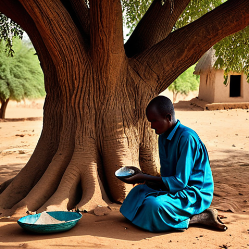 Village Ritual**

"A fully clothed Malian villager offering a respectful gift (such as food or handcrafted object) at the base of a large, ancient tree. The scene is set in a rural Malian village, with modest mud-brick houses in the background. Golden hour lighting, perfect anatomy, natural proportions, professional photography, safe for work, appropriate content, family-friendly."

**