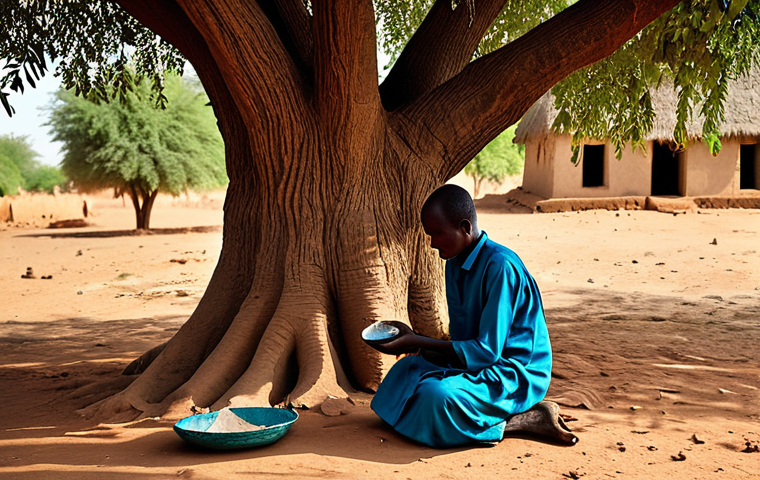 Village Ritual**

"A fully clothed Malian villager offering a respectful gift (such as food or handcrafted object) at the base of a large, ancient tree. The scene is set in a rural Malian village, with modest mud-brick houses in the background. Golden hour lighting, perfect anatomy, natural proportions, professional photography, safe for work, appropriate content, family-friendly."

**